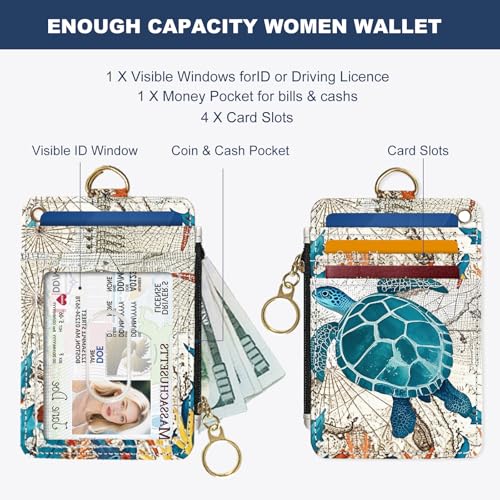 Image of Slim Wallet Credit Card Holder, Vintage Sea Turtle, RFID Wallet Women Cute Small Front Pocket Wallet With Zipper, PU Leather Thin travel RFID Blocking Card Case ID Window ,Ladies Gifts