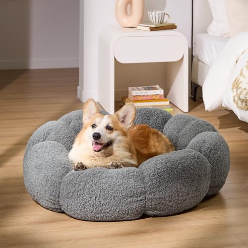 lesure calming large dog bed - flower donut round fluffy puppy bed in plush teddy sherpa non-slip cute flower dog beds large pet bed fits up to 100 lbs machine washable grey 3634
