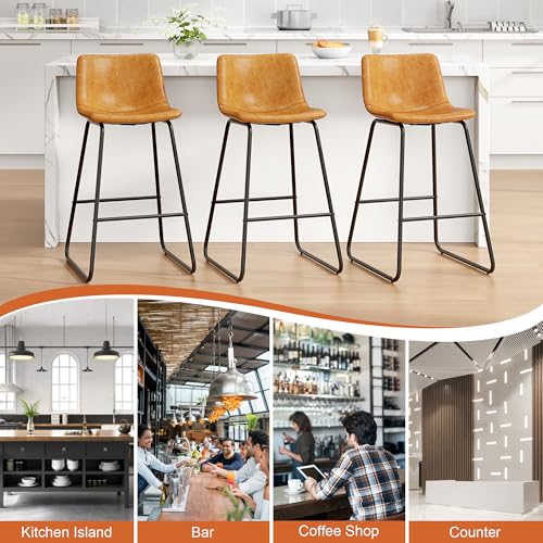 Image of REONEY Bar Stools Set of 4, 26 inch Faux Leather Counter Height Stools, Brown