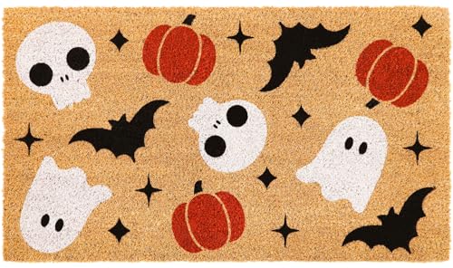La mejor selección de Calavera coco Top 5. 36 JarThenaAMCS - Felpudo de coco natural para Halloween, diseño de calavera fantasma, calabaza, murciélago, alfombra de bienvenida antideslizante para puerta de entrada interior y...