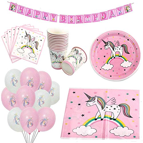 ZCOINS kit Anniversaire Licorne Comprenant Nappe Licorne, bannière, Assiettes en Papier, gobelet, Serviettes de Table et Ballons, Collection Rose Cover