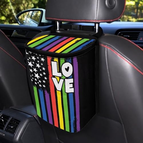 Image of Colorful LGBT Flag Hanging Car Trash Bin for Vehicle SUV Truck,Leak Proof Vehicle Garbage Can with Lid,Washable and Adjustable Strap Trash Can for Back Seat /Console Armrest