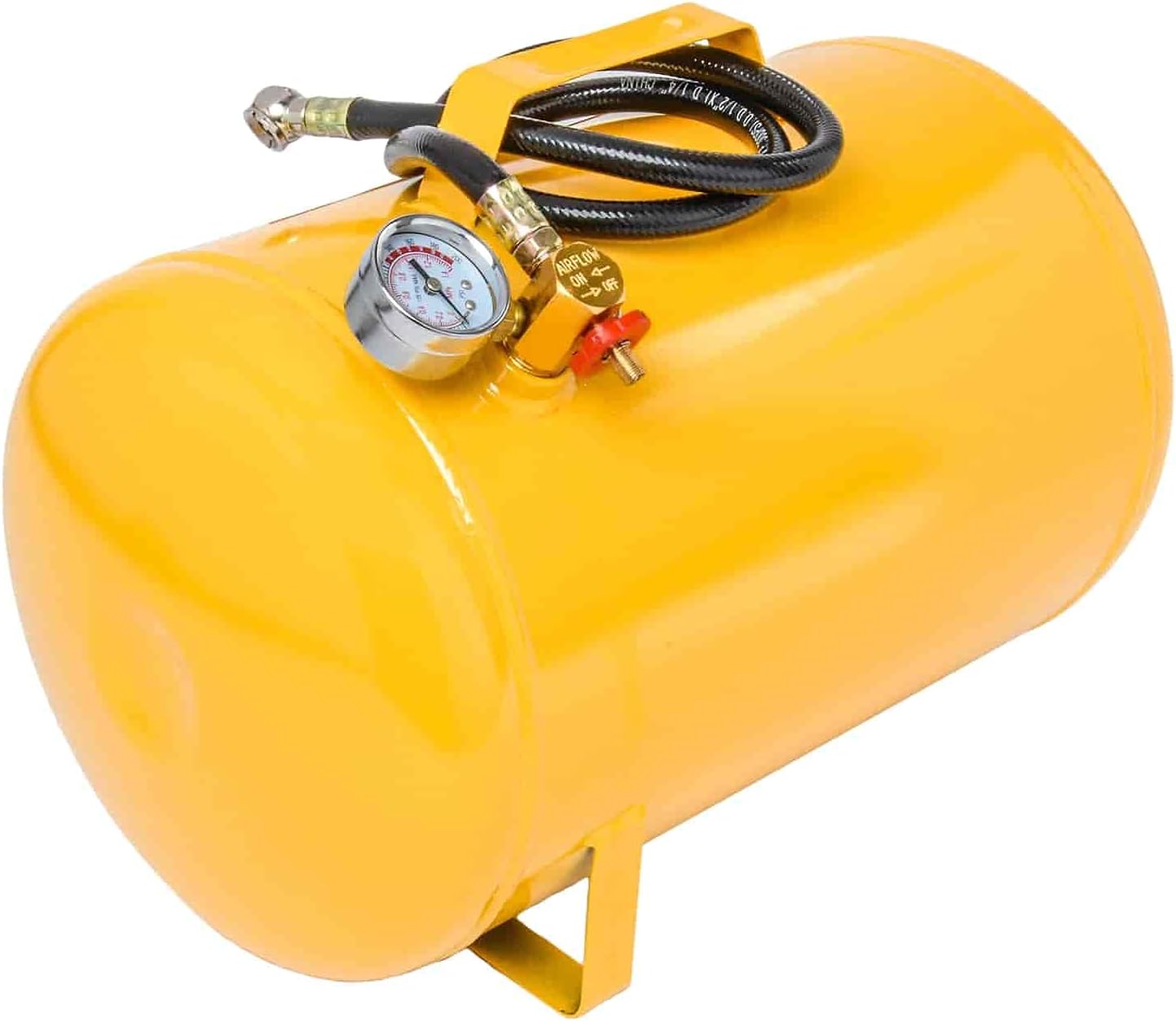 JEGS 5-Gallon Portable Air Tank | 125 PSI Maximum Pressure | Yellow Coated Steel | Includes Industrial-Grade Air Hose with Standard Air Chuck | Easy-To-Read Pressure Gauge