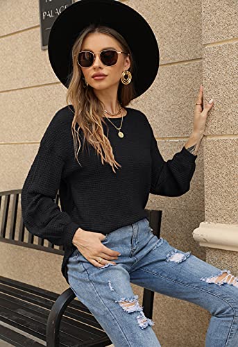Image of Farktop Womens Oversized Waffle Casual Sweatshirts Long Puff Sleeve Drop Shoulder Lightweight Sweaters Black