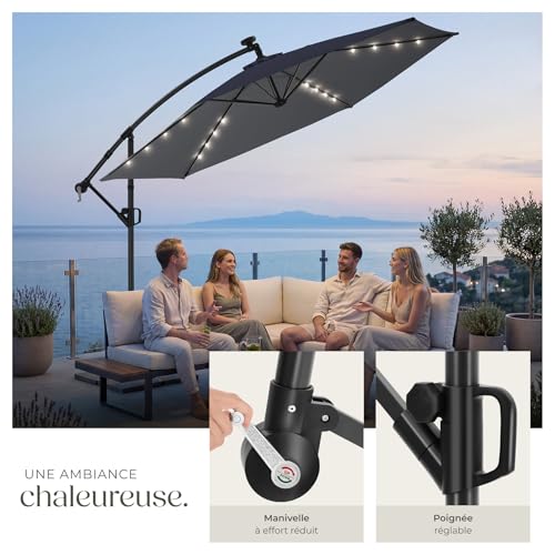 Parasol déporté 3x3m LED solaire UPF50+ TecTake