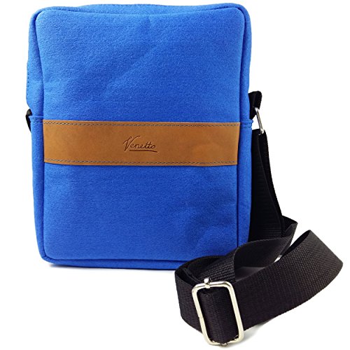 Bolso bandolera de fieltro unisex con aplicaciones de piel auténtica Venetto azul claro.