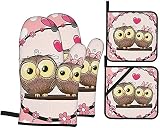 HJYR Zwei niedliche Cartoon-Eulen-Ofenhandschuhe und Topflappen-Sets mit 4 Stück, widerstandsfähige Hot Pads, rutschfeste Grillhandschuhe für Küche, Kochen, One Size