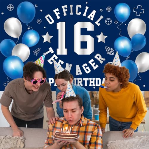 Image of 16th Birthday Decorations for Boys Happy 16th Birthday Banner Blue Silver | Large Official Teenager Sweet 16th Backdrop 16 Year Old HBD Party Decorations Supplies