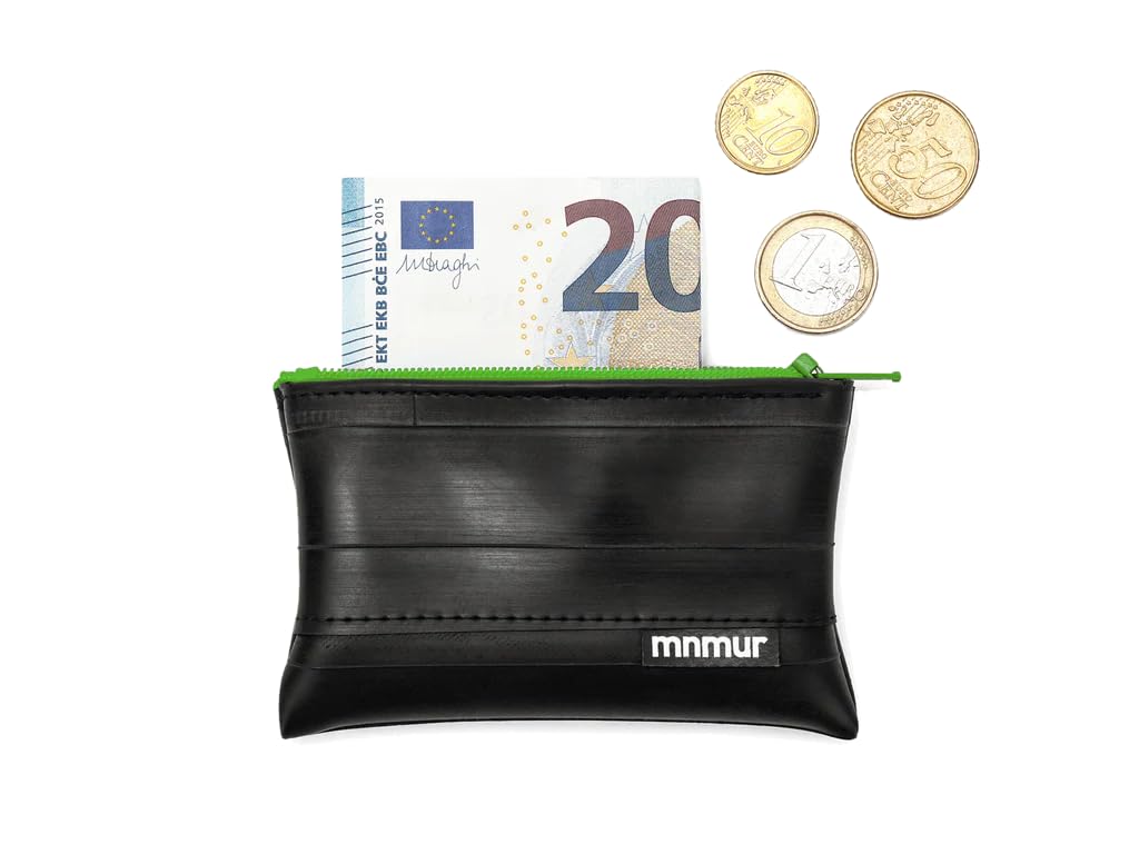 MNMUR Portafoglio piccolo Portamonete Uomo slim, sottile fatto con camere d’aria usate delle biciclette, Dimensioni cm 10x6, Mini portafoglio portamonete (Chiusura lampo verde)