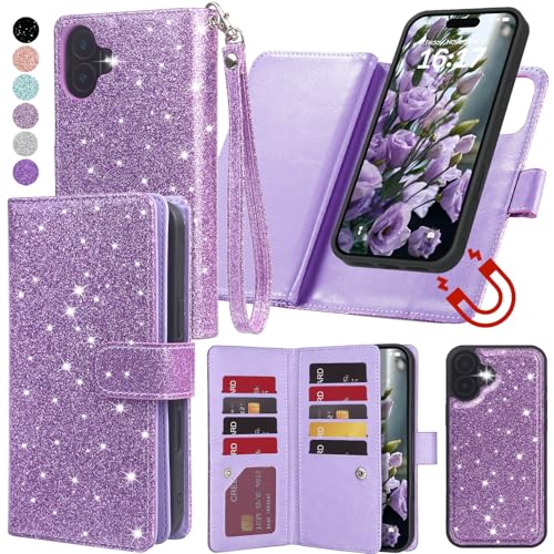 Varikke for iPhone 16 Wallet Case Detachable with RFID Blocking Card Holder for Women, Glitter PU Leather Wrist Strap Strong Magnetic Flip Wallet Removable Phone Case for iPhone 16 6.1", Light Purple