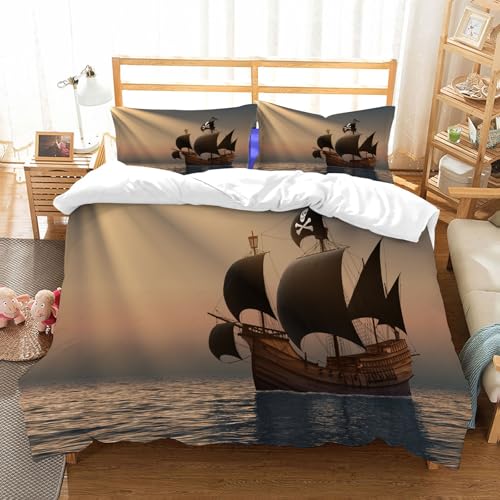 NIOYNJIS Ropa de Cama. Cubierta de Gran Comodidad,Hecha de algodón 100% Suave y Delicado,Muy amigable con la Piel,Barco Pirata en Rayos de Sol. Escena 3D.,178x208cm