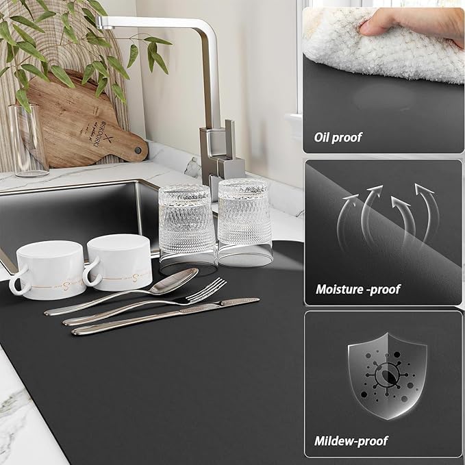 Image of Dish Drying Mat for Kitchen | Super Absorbent Microfiber Dish Drainer | Anti-Slip Quick Drying for Utensils, Glasses & Plates | Washable Kitchen Accessories | Washable Sink Organizer Pad (40 *60)