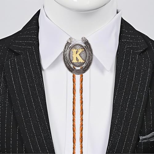 Image of Vintage Western Cowboy Monogram Initial Letter Bolo Tie for Men | Premium brown braided leather, adjustable sliding clasp, anti-tarnish alloy pendant, versatile A-Z western bolo tie