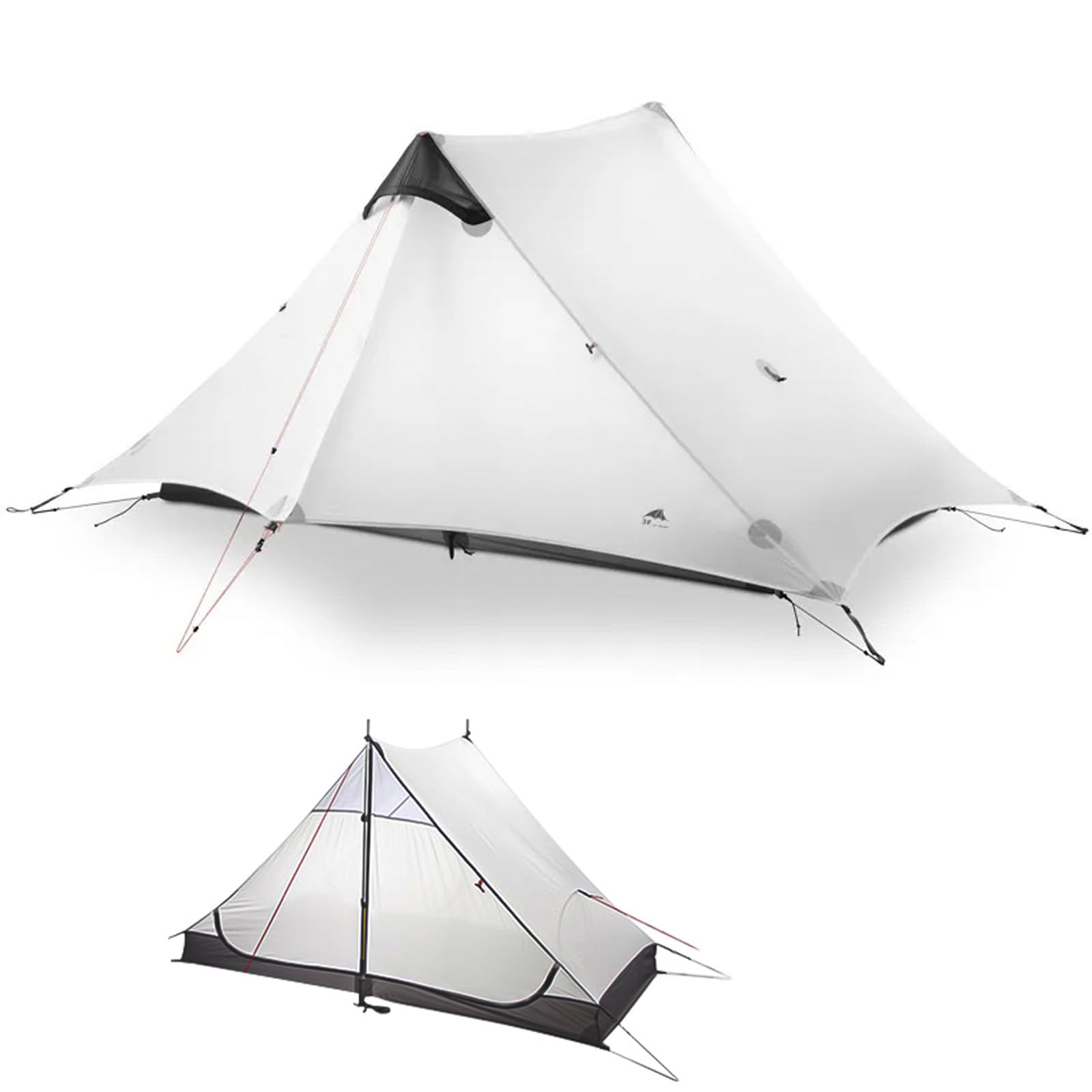 3FULGEAR Lanshan 2 Ultralight 2-Person Tent, 3/4 Season 15D Silnylon Rodless Backpacking Tent for Camping, Hiking & Mountaineering (Grey 4 season)