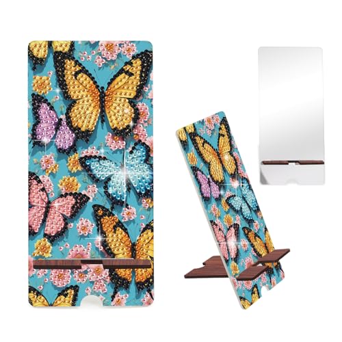Image of Butterfly Diamond Painting Phone Stand with Mirror, DIY Wooden 2-in-1 Decorative Diamond Art Desktop Holder, Crystal Diamond Gem Painting Tabletop Ornament Kit Craft Gift for Adults