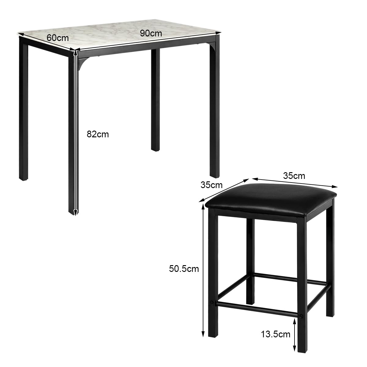 HOMASIS Tavolo Alto Bar con 2 Sgabelli, Tavolo da Pranzo in Legno, Set di 3 Pezzi da Soggiorno, Penisola Cucina con Sgabelli, 90 x 60 x 82 cm (Bianco)