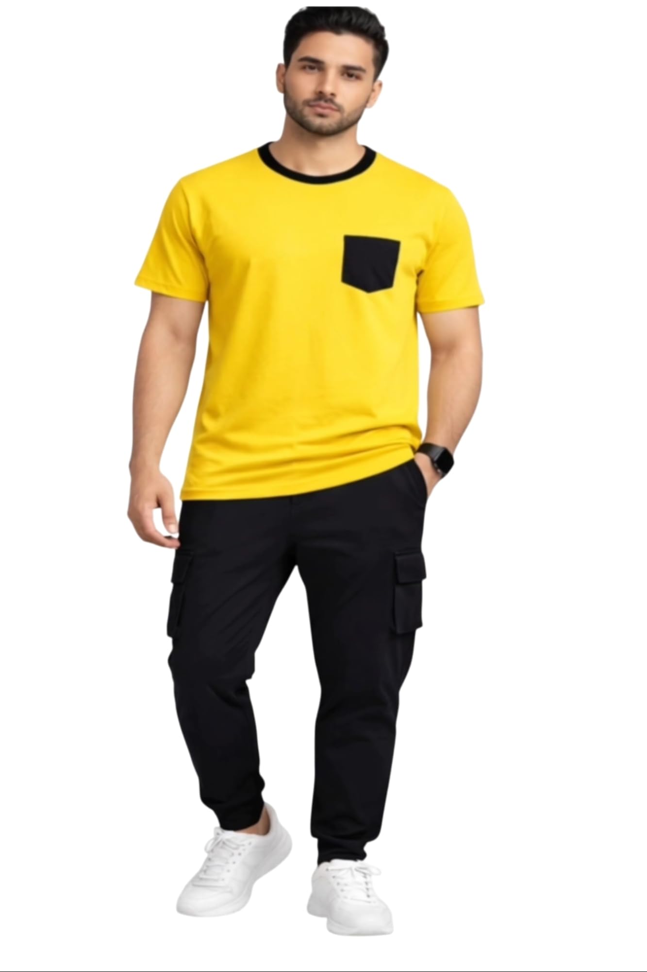 Men Yellow Cotton Blend with Black Pocket | Half Sleeve Round Neck Casual T-shirt & Black Polycotton Track pant set for Men-image-18