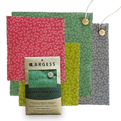 LARGESS Beeswax Wraps Set of 4 - Resuable, Sustainable, Plastic-free food storage alternative - 2 large with button and string secure + 2 small