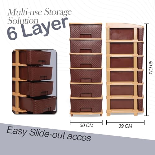 Image of Plastic Modular Drawer Storage Chest Of Drawers Organizer Storage Box, Large Stomo Racks For Multipurpose Anti-slip Shoes Organizers (Brown, 6 Layer)