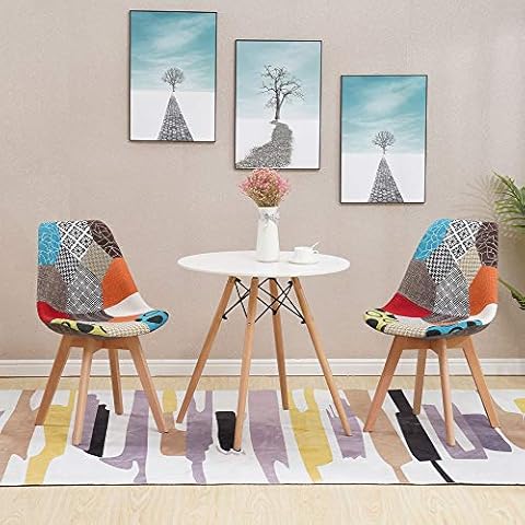 HomJoy Dining Table and 2 Chairs Set, Retro Patchwork Lounge Chair and Modern Round Kitchen Table with Solid Wood Legs Cover