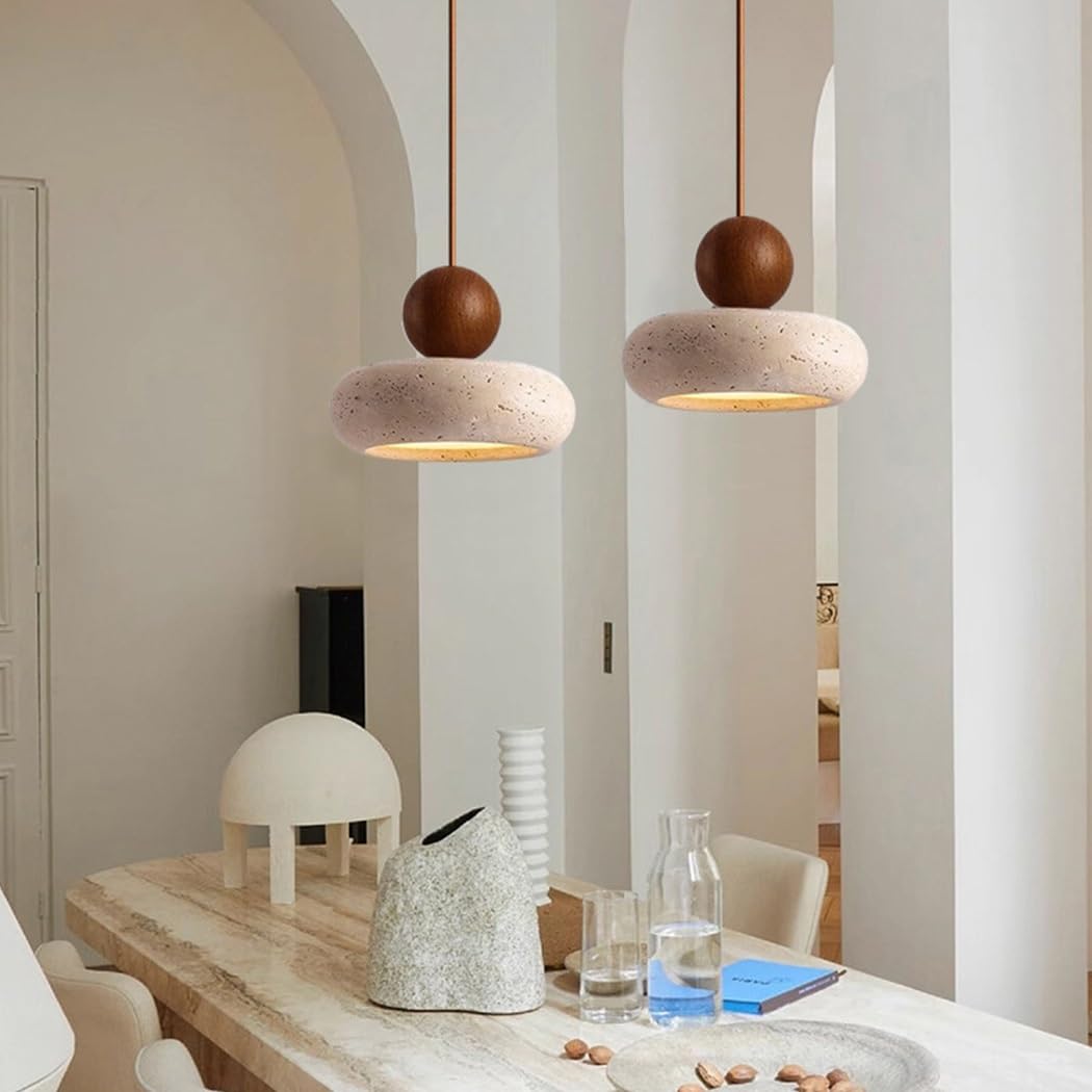 LED Lámpara Colgante De Travertino Amarillo Estilo Wabi-Sabi Bola Redonda Madera Luz Colgante De Piedra Natural Lámpara De Araña Pequeña Para Dormitorio Noche Sala De Estar Comedor Bar Cafetería(B)