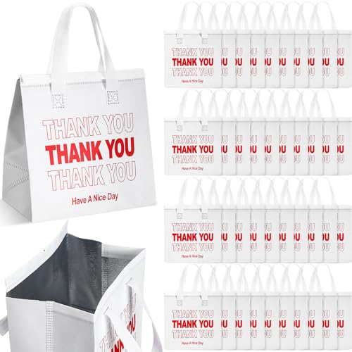 Aliceset 80 Pcs Thank You Insulated Bags for Food Delivery Bulk 9.5 x 9.5 x 6 Inch Thermal Insulation Bag for Cold and Hot Food for Travel Pizza Coffee Milk Catering Restaurant Picnic(White)