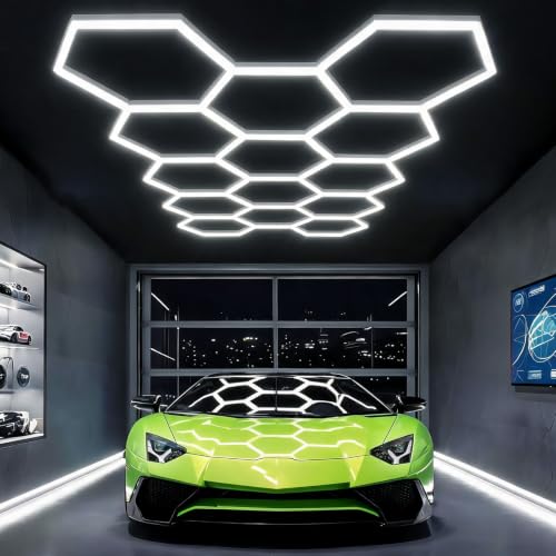 VASTFIRE Hex Lighting Garage 14 Grids Hexagon LED Lights 6500K Super Bright Honeycomb Lights DIY Easy Install Durable Hexagon Ceiling Light for Garages Gym Warehouse Exhibition Hall House