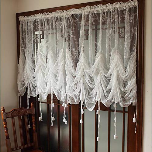 Abreeze Elegant White Lace Embroidered Sheer Ballon Curtains, Adjustable Tie-Up Curtain Shades, 1 Panel Floral Tulle Curtains For Windows-78''X59'' #TOP16