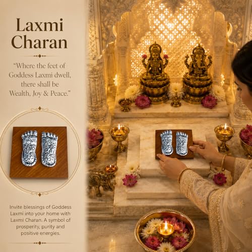 Image of DIVINITI 999 Silver-Plated Laxmi Charan Paduka with Luxury Gift Box|Sacred Lakshmi Charan for Wealth, Prosperity & Positive Energy|Vastu Decor for Home Temple, Diwali & Housewarming Gift|5.5 x 2 cm