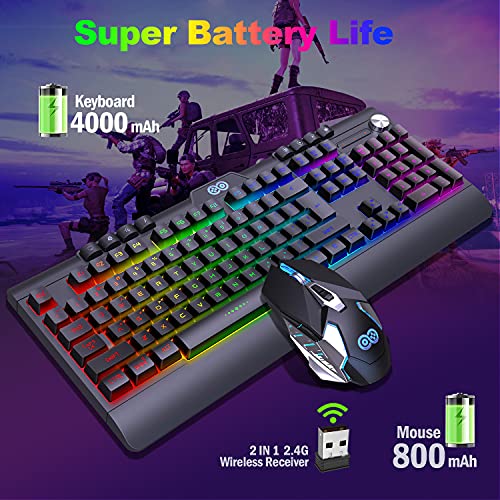 Wireless Gaming Keyboard and Mouse Combo with Rainbow LED Backlit Rechargeable 4000mAh Battery Mechanical Ergonomic Waterproof Dustproof 7 Color Mice for Computer PC Mac Gamer (Black)