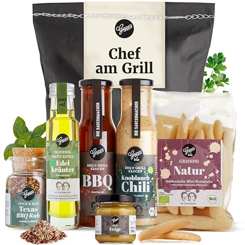 Gepp's Feinkost Chef am Grill Geschenkkorb für Männer I Köstliches Grill-Geschenk mit Grillsaucen, Feigen Senf, Edel Kräuter Öl, BBQ Rub Gewürz & Grissini