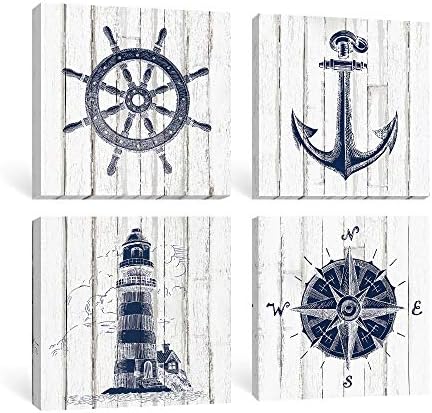 Adecuado Nautical Wall Art Beach Home Decor Boat Anchor Paintings Helm Drawing Compass Lighthouse Rustic Style Pictures Dark Blue Artwork Ready to Hang for Bathroom Living Room 12x12 Inch, 4 Panels