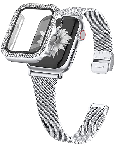 Joyozy Slim Stainless Steel Band Compatible with Apple Watch 38mm 40mm 41mm 42mm 44mm 45mm 46mm Milanese Strap with Bling Glitter Case Built-in Screen Protector Dressy Bracelet Band for Women (Silver 40mm)