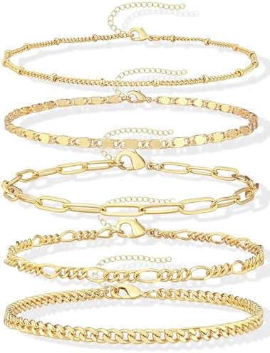 Gokeey Ankle Bracelets for Women, 14k Gold Jewelry Set Waterproof Layered Cuban Figaro Link Chain Anklets Set Gold Anklets Gift Adjustable Size