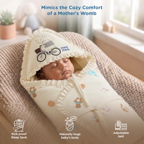 Image of Mee Mee 3-in-1 Baby Wrapper & Carry Nest for Newborns | Soft Breathable Cotton Swaddle with Hood and Cushion | Adjustable Tie-Up Design | Lightweight, Cozy & Easy to Carry (0-6 Months) (Beige)