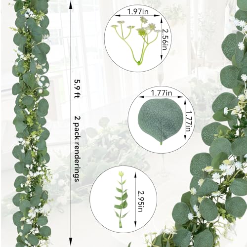CQURE 8 Pack 5.9Ft Eucalyptus Garland,Artificial Eucalyptus Flowers Leaves Table Greenery Garland Wreath Vines for Wedding Party Table Bedroom Wall Decor