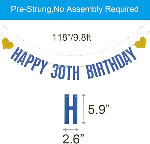 Miniatura 2 de Betteryanzi - Cartel de feliz cumpleaños 30, pre-encordado, guirnalda de papel con purpurina azul para suministros de decoración de fiesta de