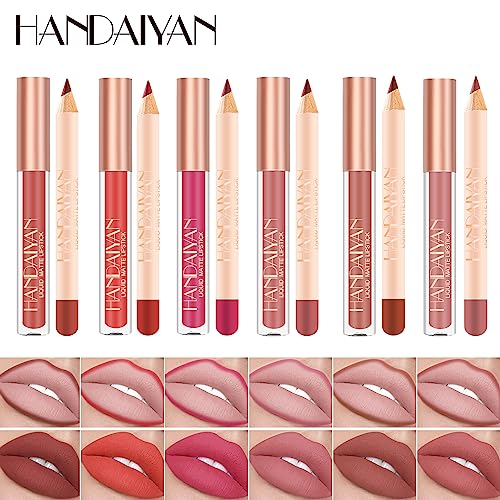Image of Handaiyan Lip Liner And Liquid Matte Lipstick Set - Lip Kit Crayon Matte Lip Pencil Matte Liquid Lipstick + Matching Lip Liner Nude Velvety Lipstick Makeup Kit For Women (Lip Kit #10)