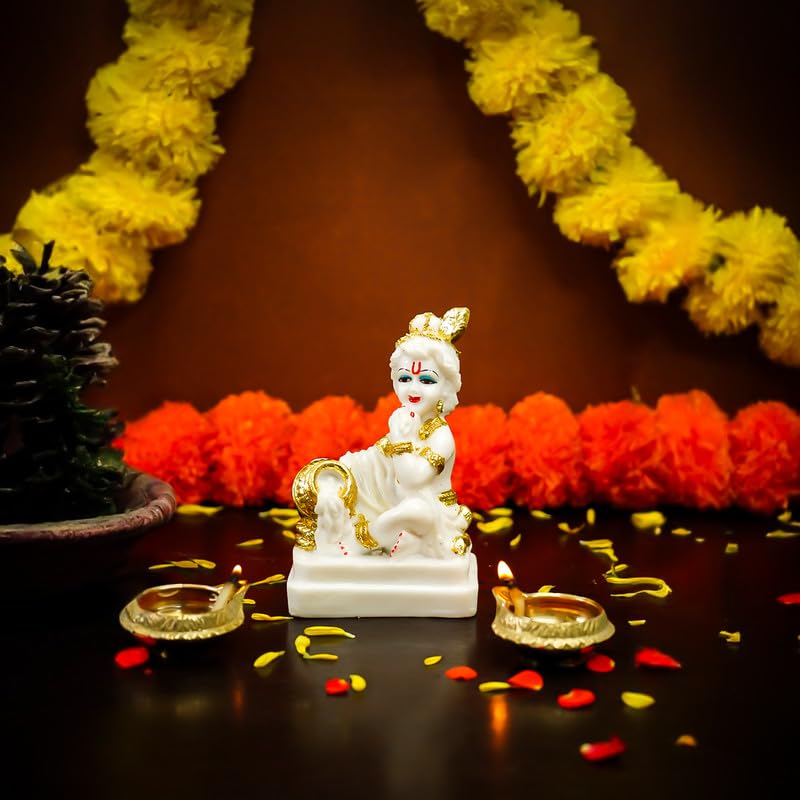 Image of Ekhasa Aura Series Marble Dust Bal Gopal Murti (5 inch) | Gold Plated Laddu Gopal Murti for Pooja Room | Resin Baby Krishna Idol for Home | Bal Krishna Idol | Sri Krishna Idols Gift | Makan Chor Idol