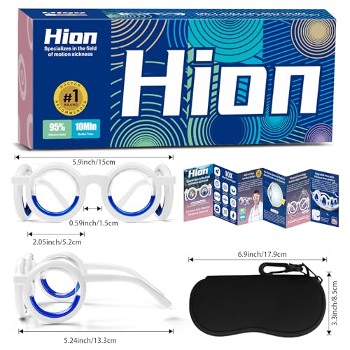 Image of Hion Motion Sickness Glasses,Relieve Carsickness Airsickness Seasickness,Ultra-Light Portable Nausea Vertigo Glasses, No Lens Liquid Glasses for Adults or Kids(Deep Black Box)