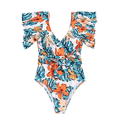 Zodrq Women One Piece Bathing Suit - Floral Print Ruffle Sleeve High Waist Bikini Tummy Control Monokini Bathing Suit(White,L)