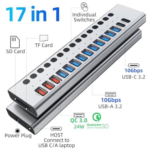 Image of VANGREE Powered USB Hub 10Gbps, 17 Ports USB 3.2 Hub, 96W Power Adapter