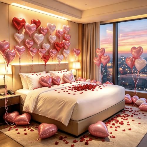 Image of 50 Pcs Red Pink Heart Balloons,5 Inch and 10 Inch Heart Foil Balloons Love Balloon Valentine Balloon for Birthday Party Wedding Engagement Party Baby Shower Valentine Day Decorations