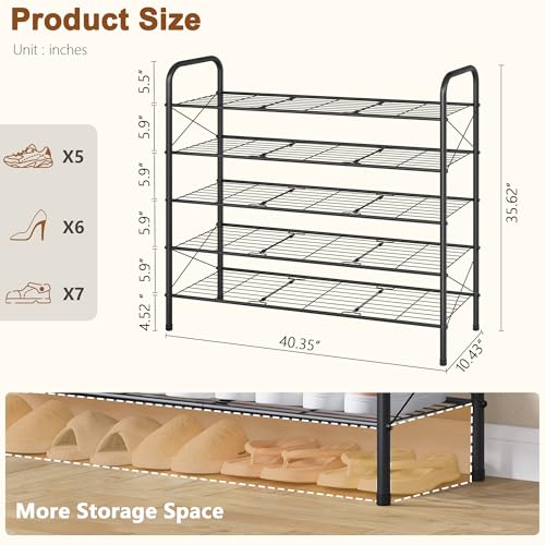 Image of Hoctieon 5 Tier Mesh Style Shoe Rack, Entryway Shoe Shelf, Shoe Storage Organizer, Shoe Rack for Closet, Space Save for Bathroom, Garage, Hallway, Bedroom, Living Room, Black