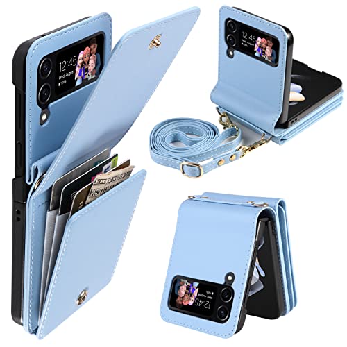 Ksridote For Samsung Galaxy Z Flip 4 Case With Card Holder Strap Lanyard, Samsung Z Flip 4 Case Wallet Galaxy Z Flip 4 Wallet Phone Case Crossbody Phone Case Cover Purse For Women, Light Blue #TOP5