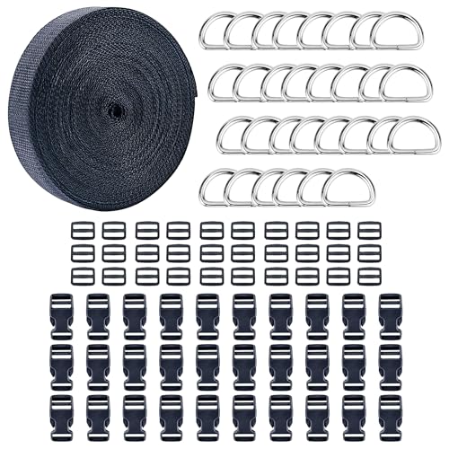 HUAZIZ 30 Stück Steckverschluss für 15 mm Gurtband, Adjustable Side Release Plastic Buckles, 30 Stück Metall D Ring Schnalle 15mm für Paracord Armbänder Hunde-Halsband Rucksacke Schwarz