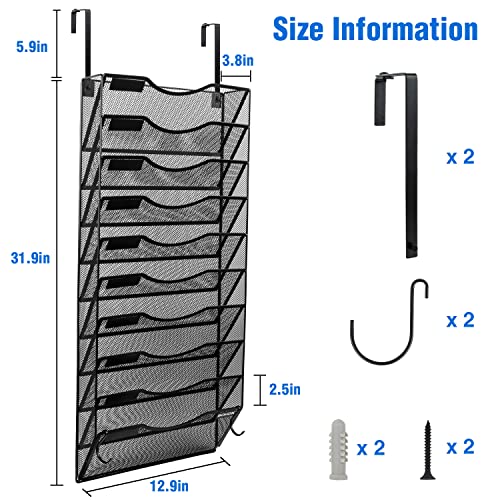 Bohdk Wall File Organizer, 10 Tire Hanging File Folder Organizer, Vertical Mesh Metal Door/Wall Mount Hanging File Holder, Paper Document Magazine Rack With Hooks For Home Office Black #TOP5