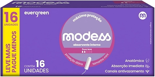 Absorvente Interno Modess Mini Fluxo Leve com 16un Evergreen