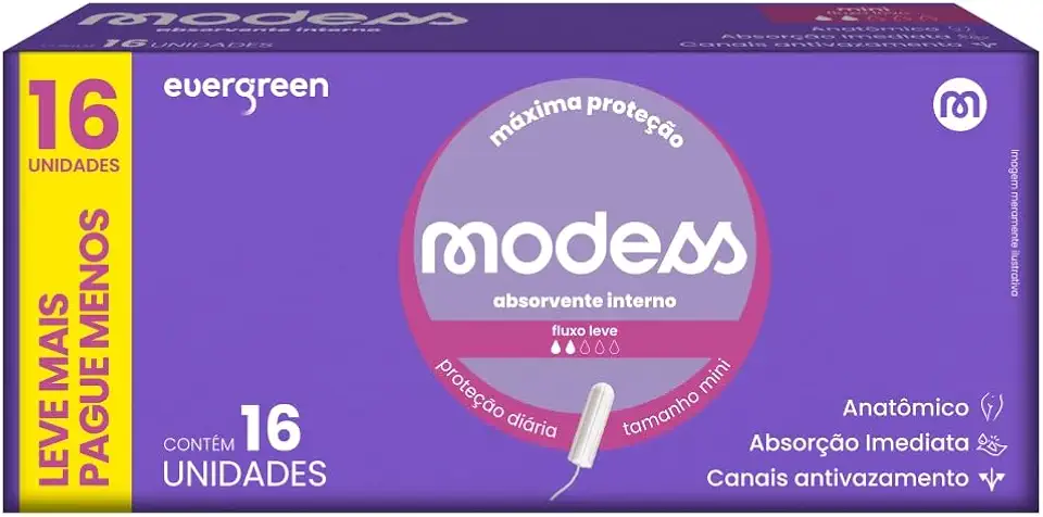 Absorvente Interno Modess Mini Fluxo Leve com 16un Evergreen