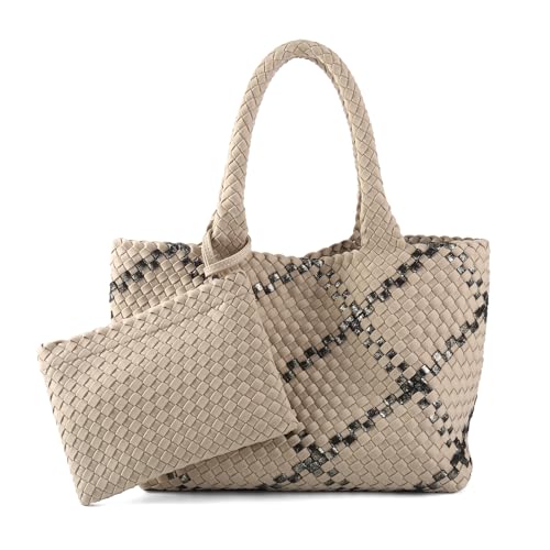 Image of Woven Bag for Women, Large Neoprene Tote Bag Summer Beach Handbag Purse Retro Handmade Travel Shoulder Bag Set